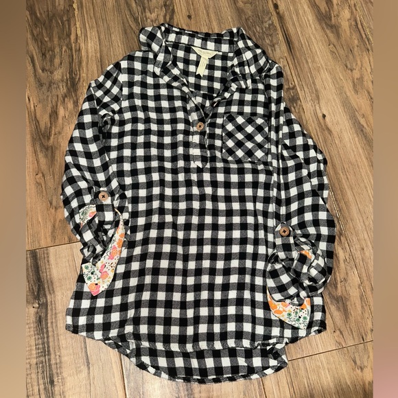 Matilda Jane With Joanna Gaines plaid shirt floral cuffs checkered plaid - Picture 1 of 1